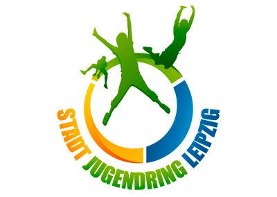 Das farbige Logo zeigt drei junge Menschen in den Positionen eines Sprunges. Das Logo wirkt dynamisch und aktiv.