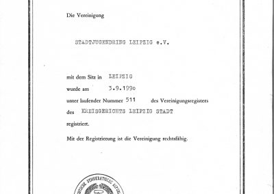 Gründungsurkunde des Stadtjugendring Leipzig e.V. vom 3.9.1990. Gestempelt, gezeichnet und registriert vom Kreisgericht Leipzig Stadt.